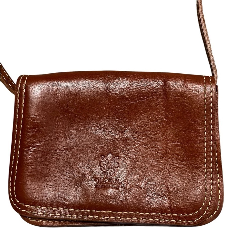 VERA PELLE small vintage flap front brown leather small accordion crossbody bag - Picture 2 of 6